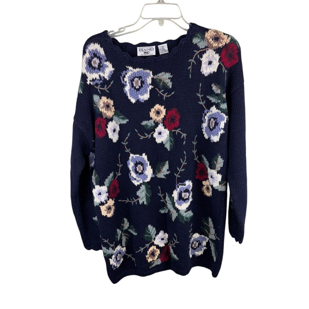 Paul Harris Design Knitted by Hand Vintage Floral Sweater Size M Blue ‎ Granny